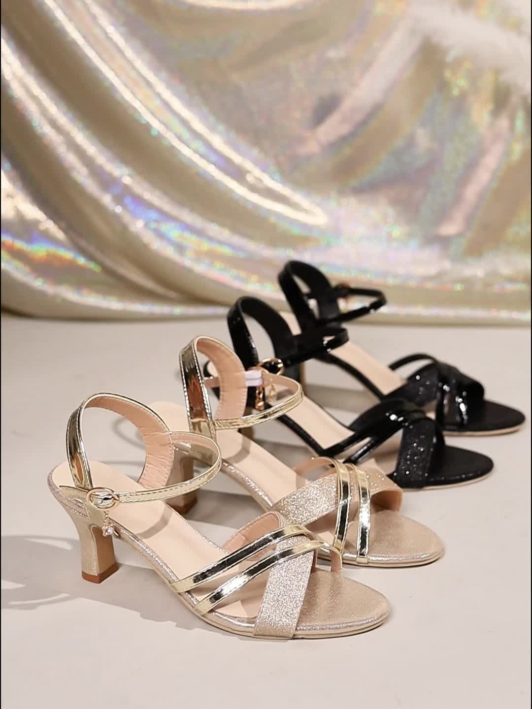 Women's Elegant High Heel Sandals - Pointed Toe Mid Heel Single Strap with Side Buckle Pendant, Versatile Fashion Sandals for Summer Casual/Formal Wear, Women Shoes