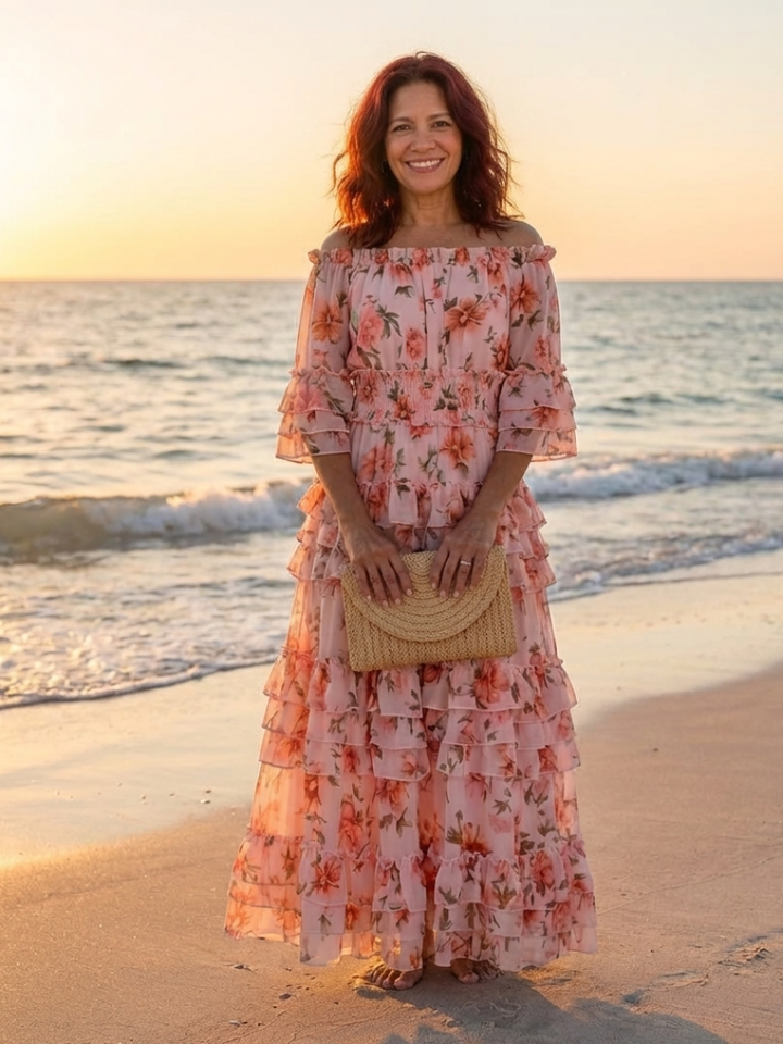 DELACROIX | Robe Maxi à Volants Florale Décolleté Rosalie