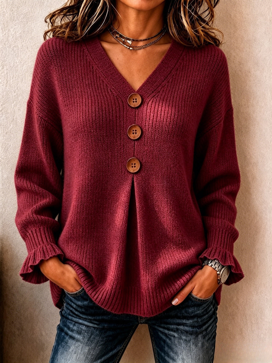 2026 European and American cross-border V-neck buttoned knitted sweater for women, new autumn and winter style, loose-fitting solid color ruffle long-sleeve top