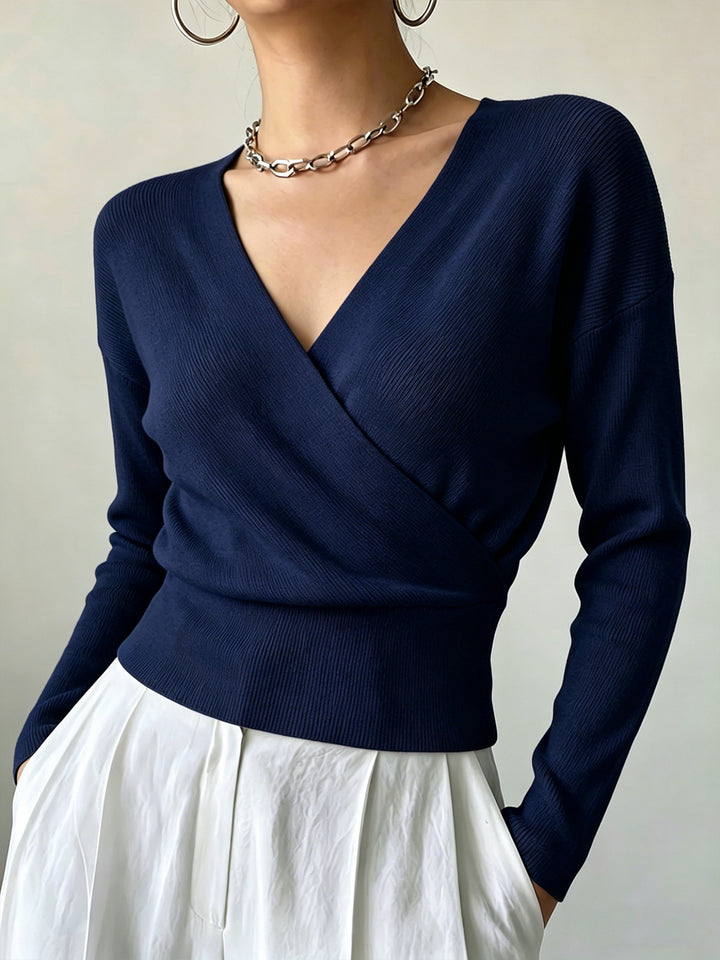 Cross-Border European and American Popular Women's Knitwear, Long-Sleeved, Solid Color, Fashionable Cross-Neck Design, Waist-Cinching Design, Simple and Figure-Flattering