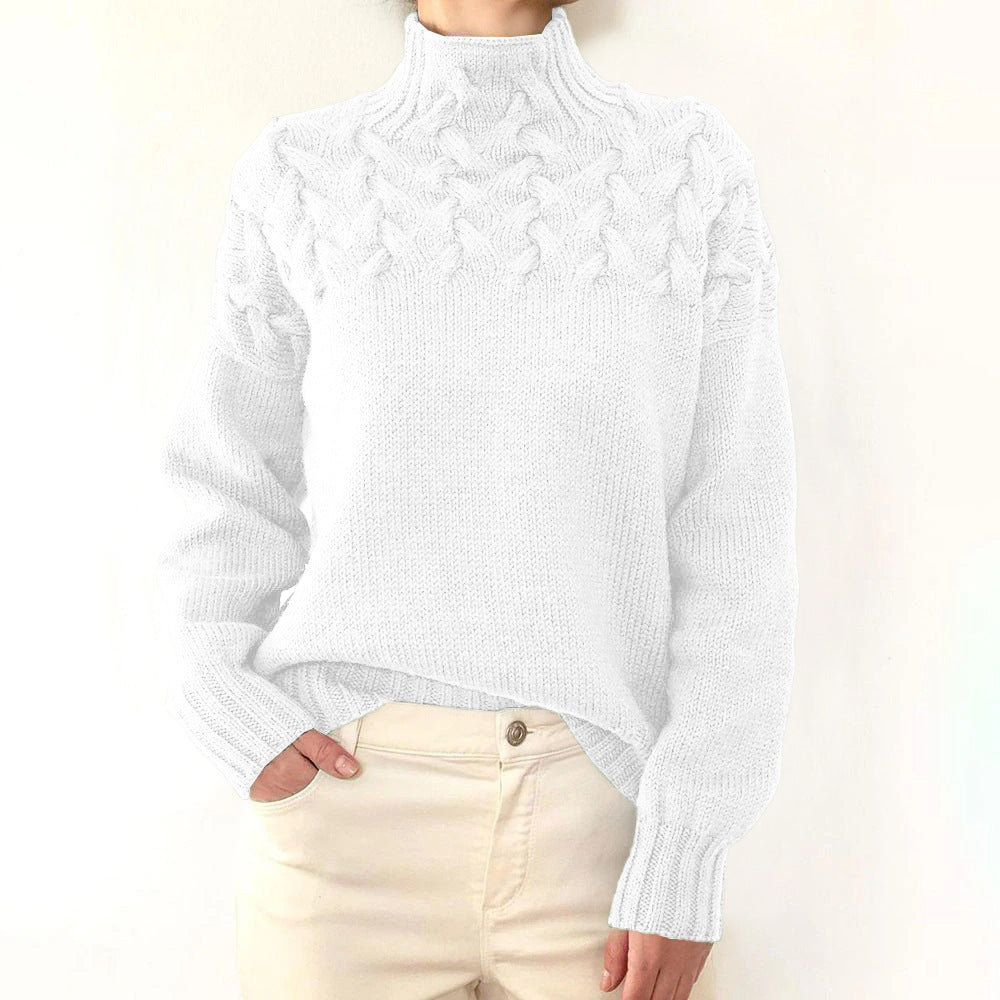 2026 Amazon Cross-Border New Women's Clothing Independent Site Ebay Fashion Cable Knit Detail High-Neck Long-Sleeve Sweater