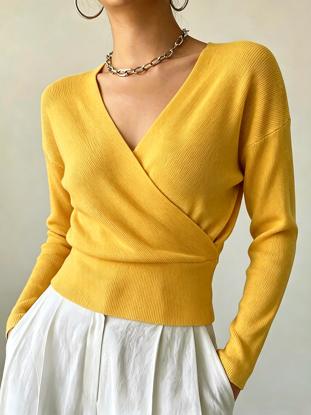 Cross-Border European and American Popular Women's Knitwear, Long-Sleeved, Solid Color, Fashionable Cross-Neck Design, Waist-Cinching Design, Simple and Figure-Flattering