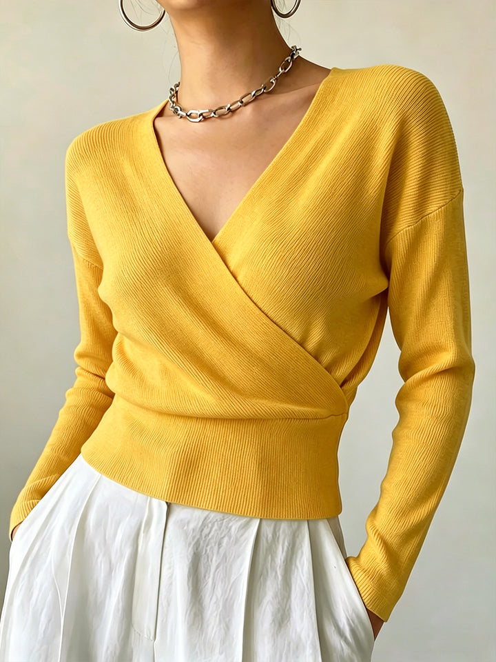 Cross-Border European and American Popular Women's Knitwear, Long-Sleeved, Solid Color, Fashionable Cross-Neck Design, Waist-Cinching Design, Simple and Figure-Flattering