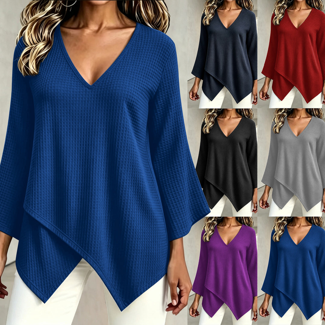 2026 Autumn New European and American Cross-Border Foreign Trade Fashion Solid Color Waffle Pattern Women's Long-Sleeve Asymmetrical Top