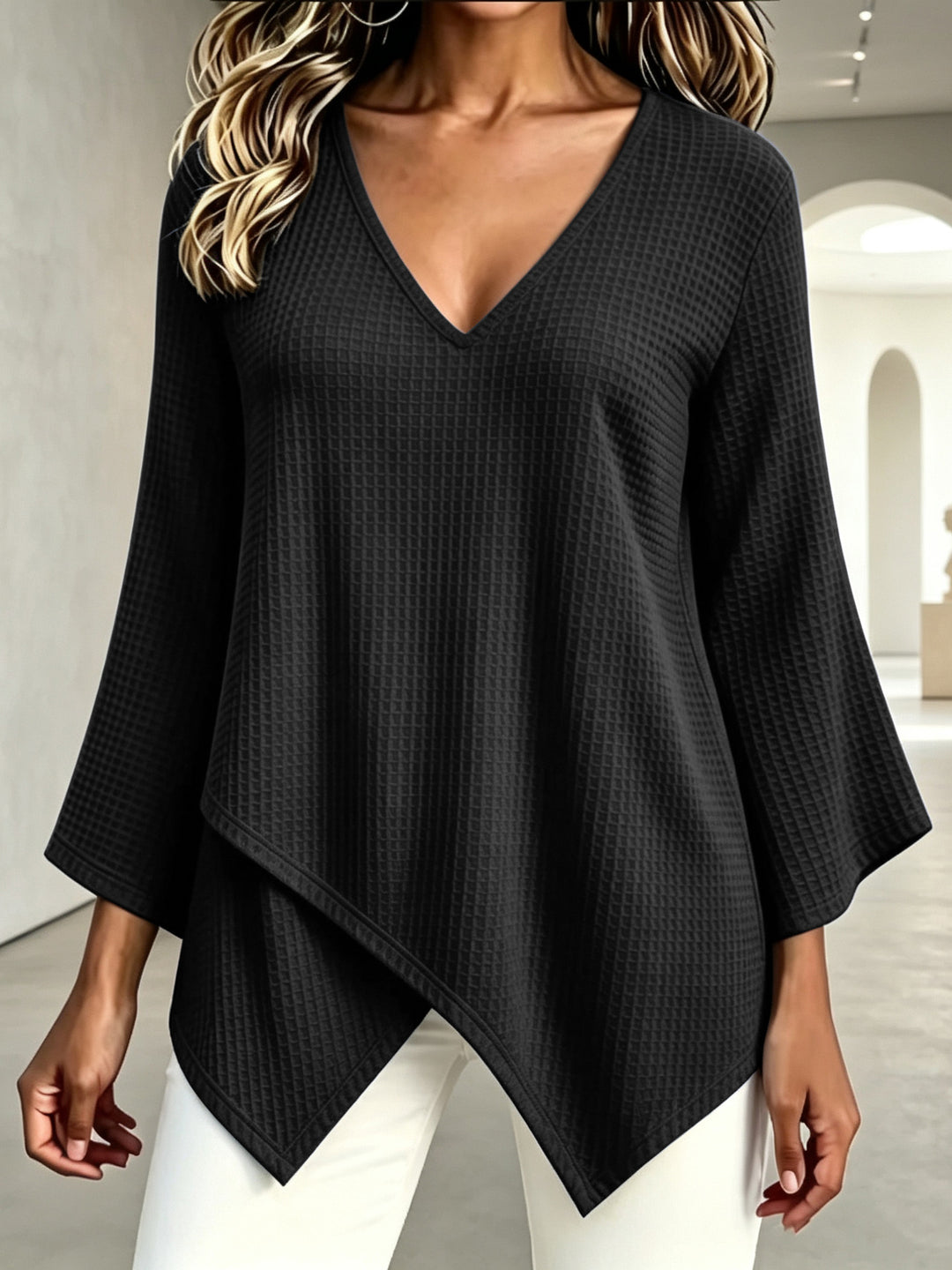2026 Autumn New European and American Cross-Border Foreign Trade Fashion Solid Color Waffle Pattern Women's Long-Sleeve Asymmetrical Top