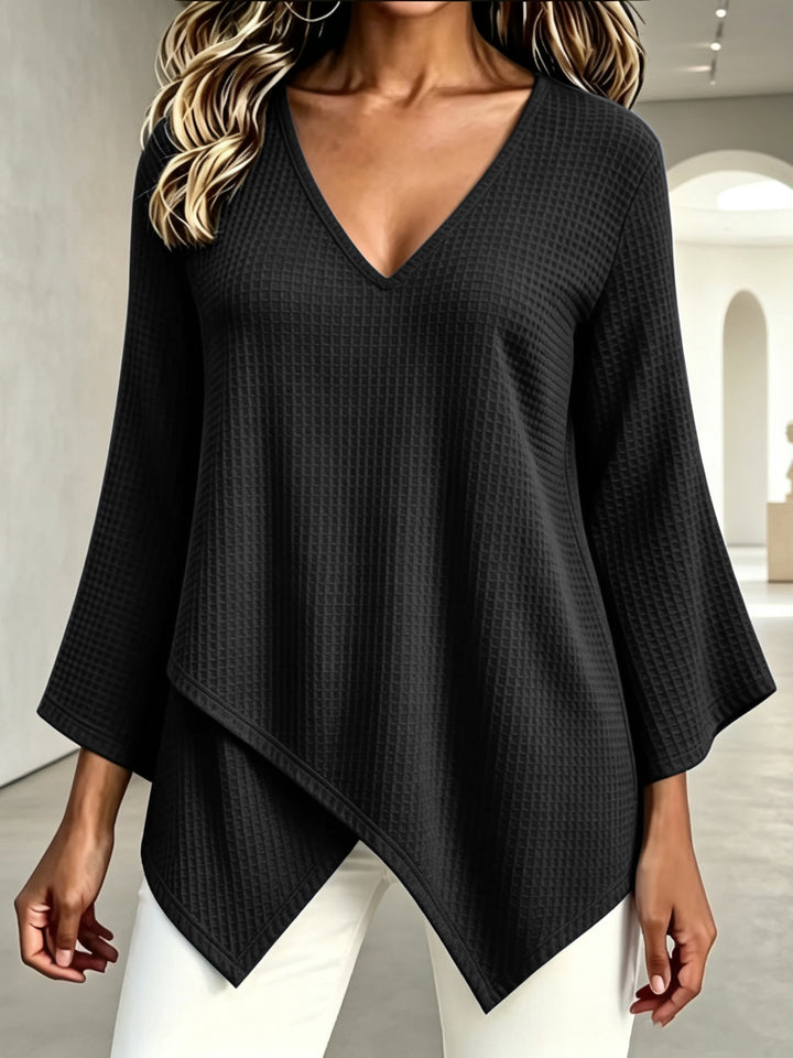 2026 Autumn New European and American Cross-Border Foreign Trade Fashion Solid Color Waffle Pattern Women's Long-Sleeve Asymmetrical Top
