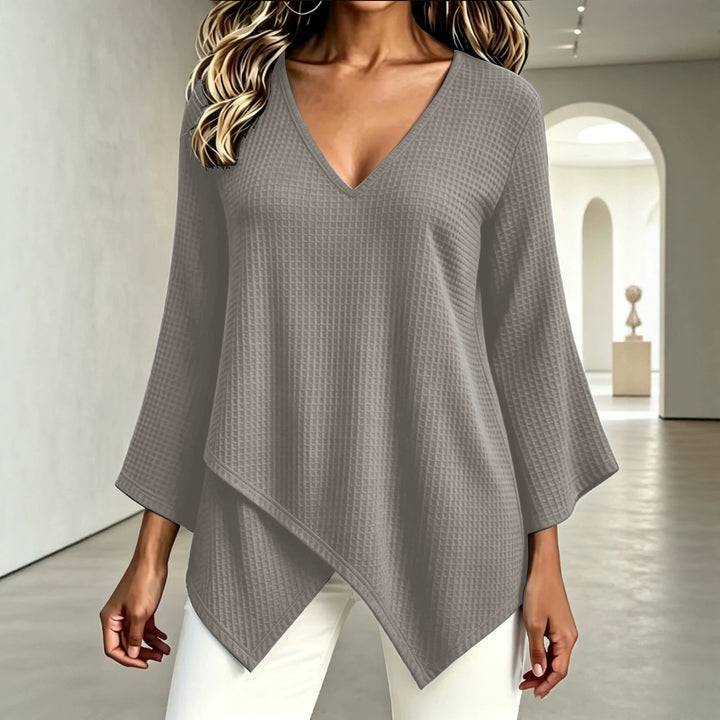 2026 Autumn New European and American Cross-Border Foreign Trade Fashion Solid Color Waffle Pattern Women's Long-Sleeve Asymmetrical Top