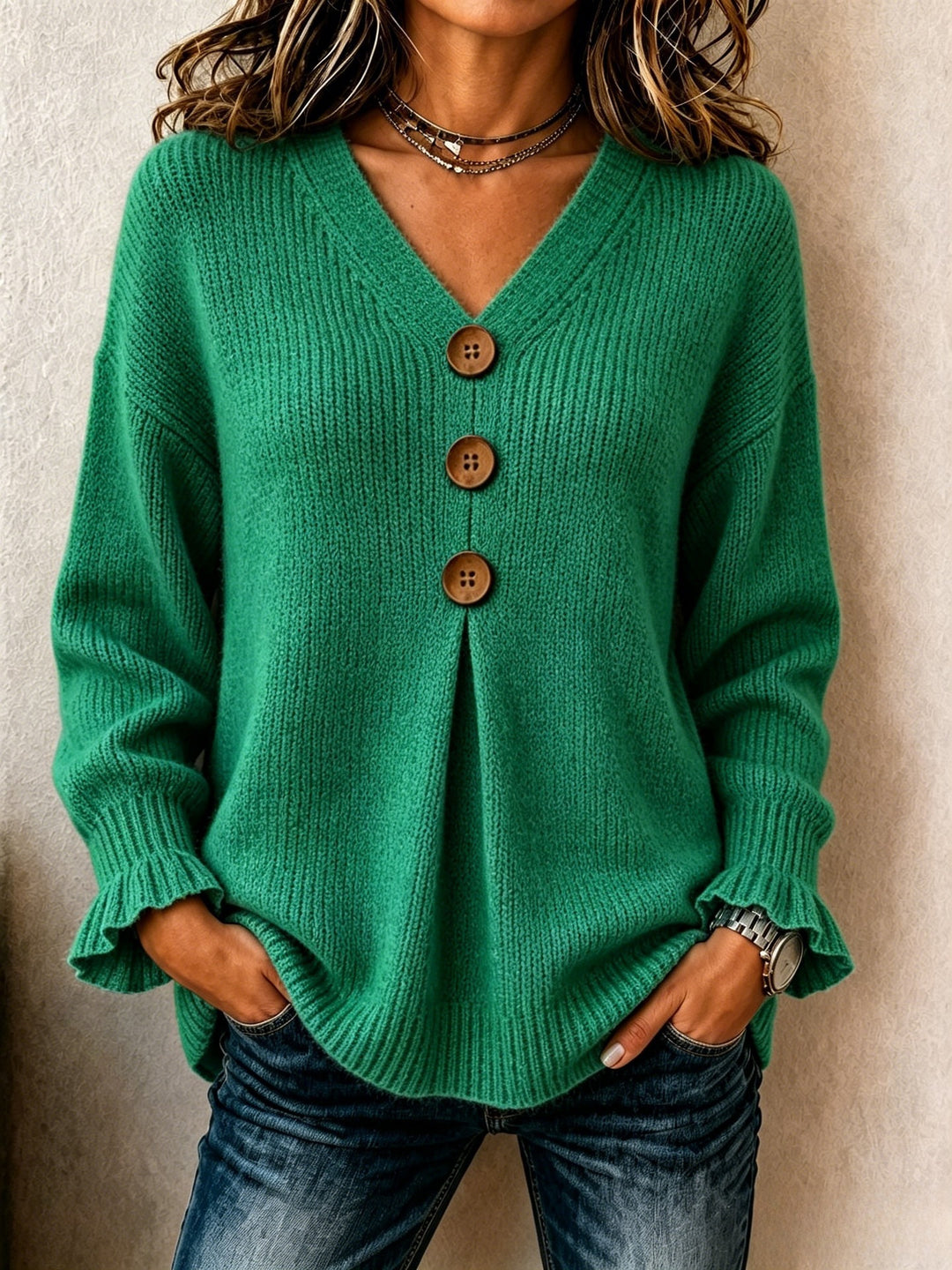 2026 European and American cross-border V-neck buttoned knitted sweater for women, new autumn and winter style, loose-fitting solid color ruffle long-sleeve top