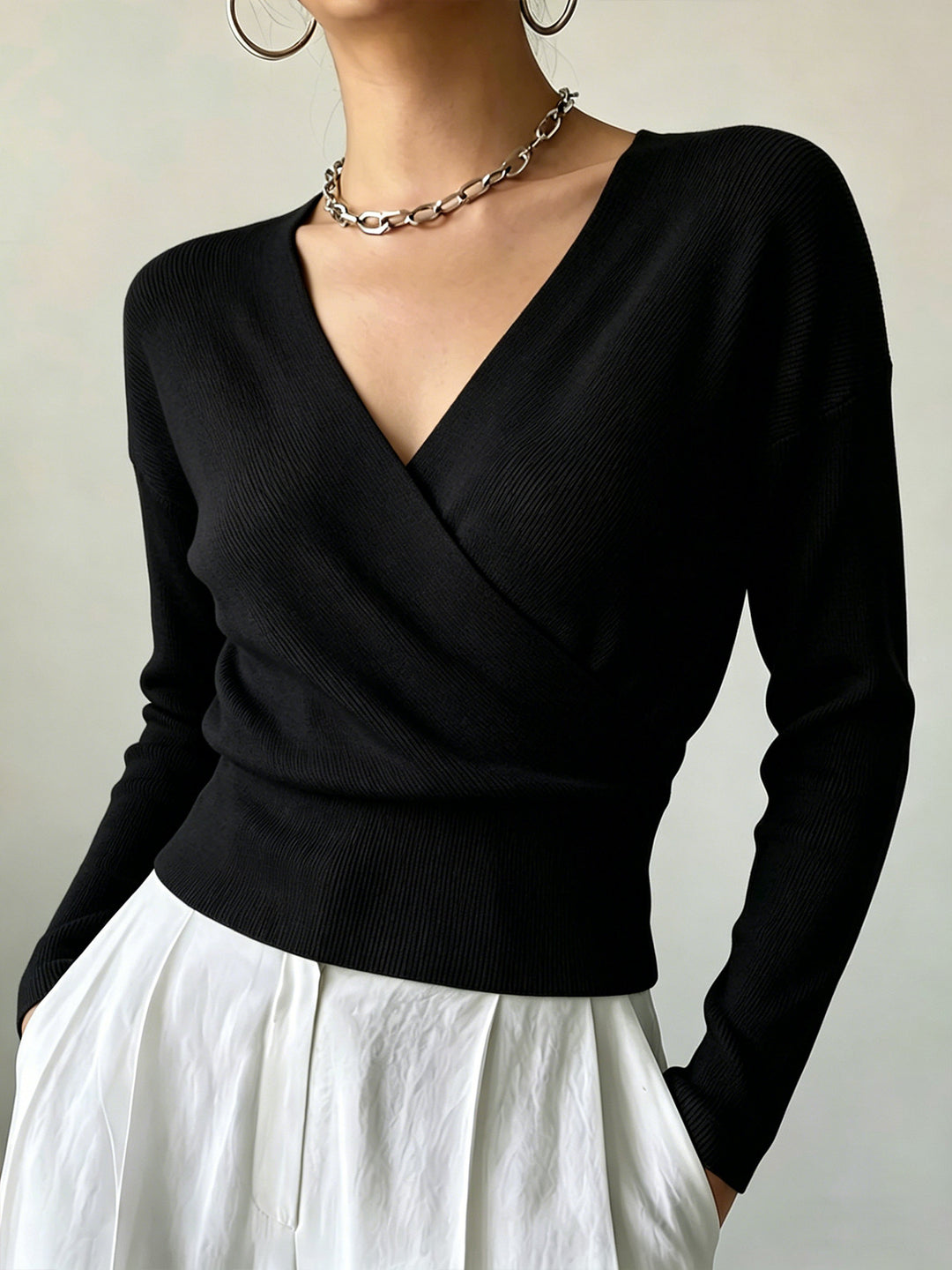Cross-Border European and American Popular Women's Knitwear, Long-Sleeved, Solid Color, Fashionable Cross-Neck Design, Waist-Cinching Design, Simple and Figure-Flattering