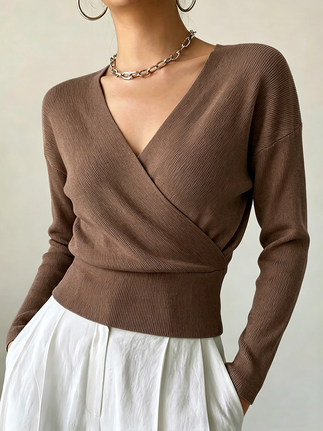 Cross-Border European and American Popular Women's Knitwear, Long-Sleeved, Solid Color, Fashionable Cross-Neck Design, Waist-Cinching Design, Simple and Figure-Flattering