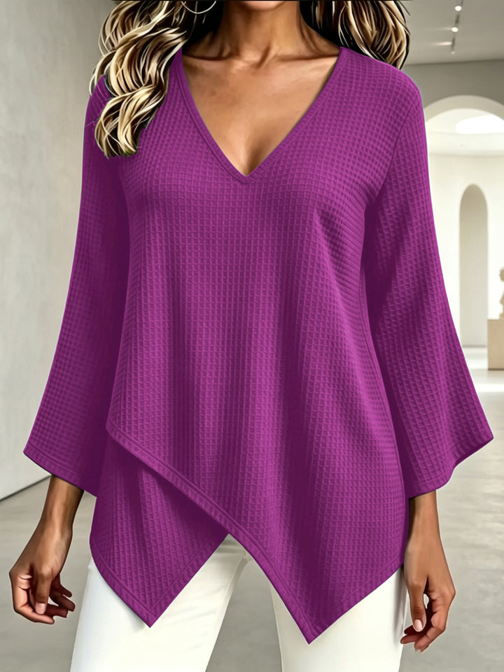 2026 Autumn New European and American Cross-Border Foreign Trade Fashion Solid Color Waffle Pattern Women's Long-Sleeve Asymmetrical Top
