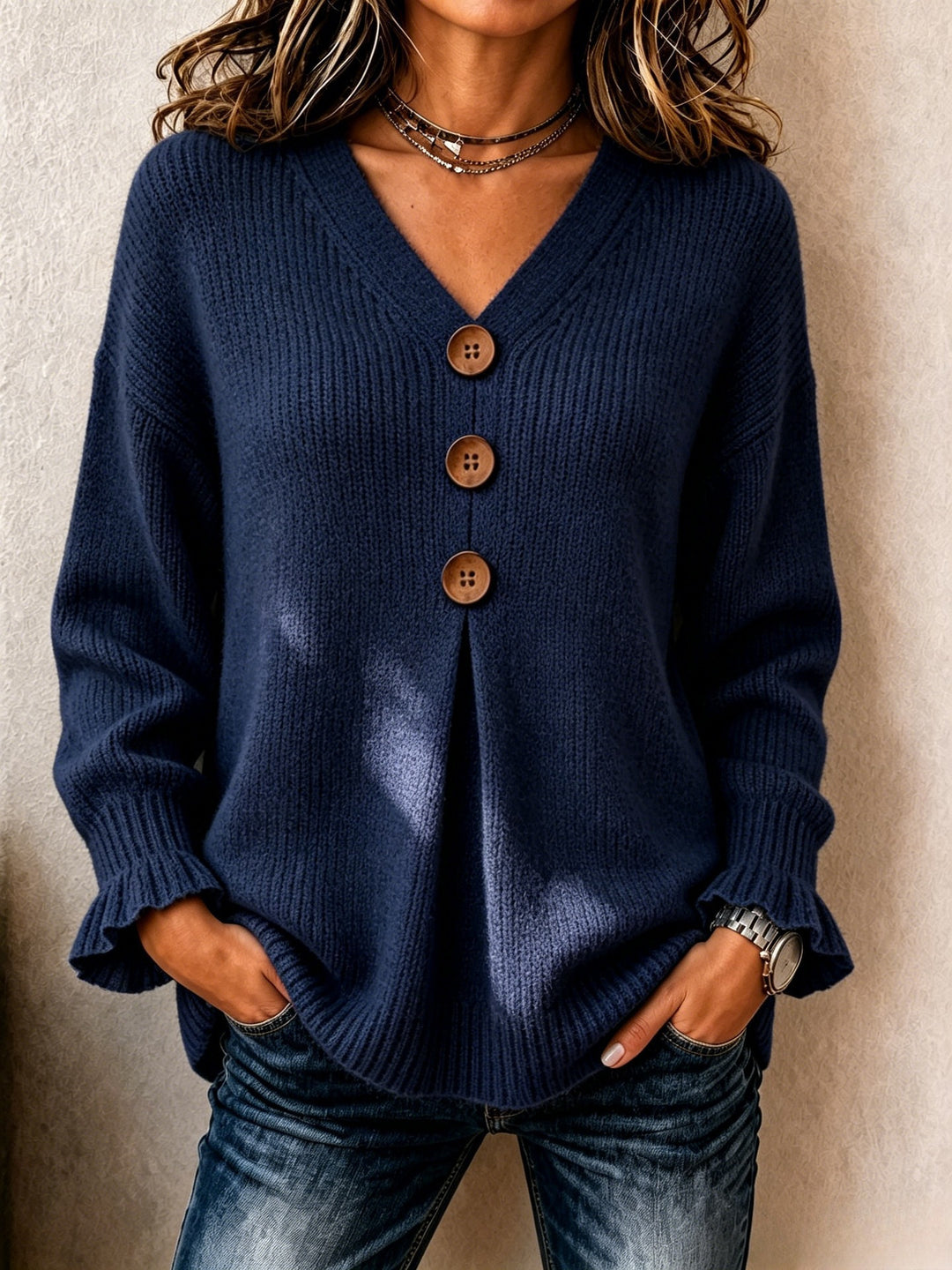 2026 European and American cross-border V-neck buttoned knitted sweater for women, new autumn and winter style, loose-fitting solid color ruffle long-sleeve top