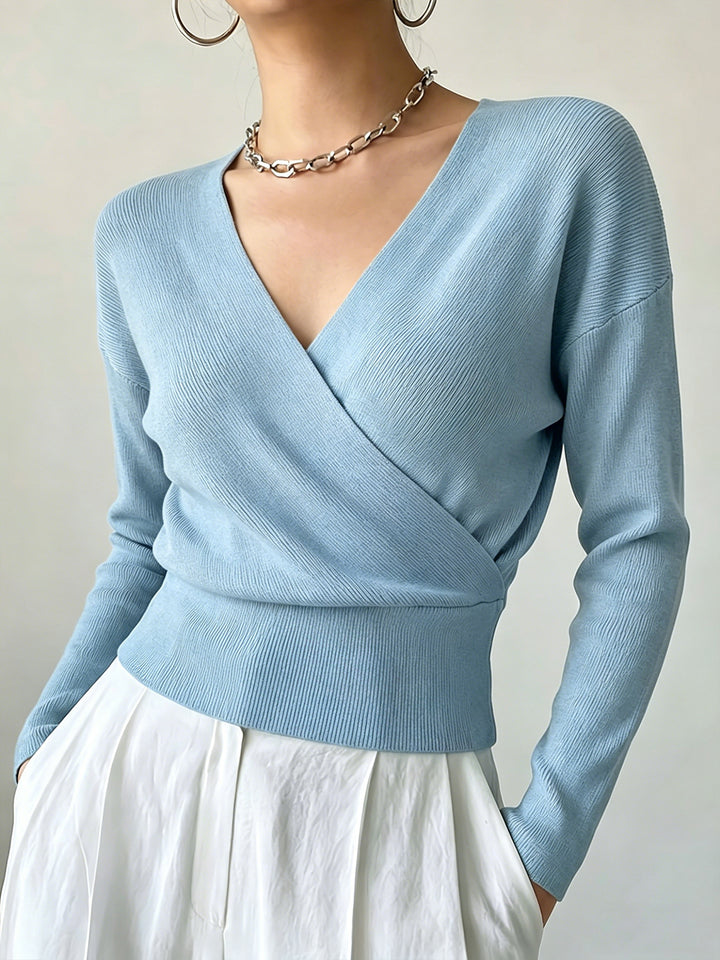 Cross-Border European and American Popular Women's Knitwear, Long-Sleeved, Solid Color, Fashionable Cross-Neck Design, Waist-Cinching Design, Simple and Figure-Flattering