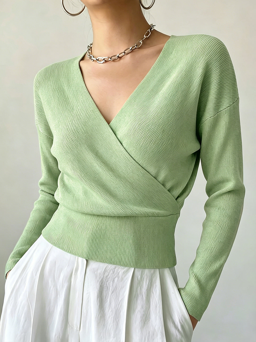 Cross-Border European and American Popular Women's Knitwear, Long-Sleeved, Solid Color, Fashionable Cross-Neck Design, Waist-Cinching Design, Simple and Figure-Flattering