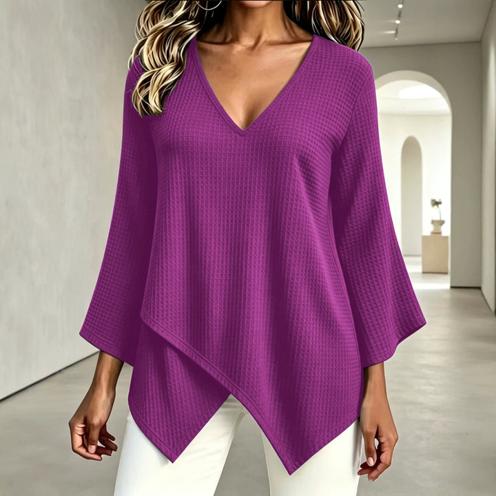 2026 Autumn New European and American Cross-Border Foreign Trade Fashion Solid Color Waffle Pattern Women's Long-Sleeve Asymmetrical Top