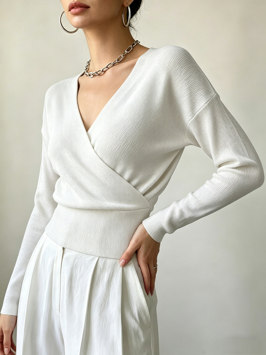 Cross-Border European and American Popular Women's Knitwear, Long-Sleeved, Solid Color, Fashionable Cross-Neck Design, Waist-Cinching Design, Simple and Figure-Flattering