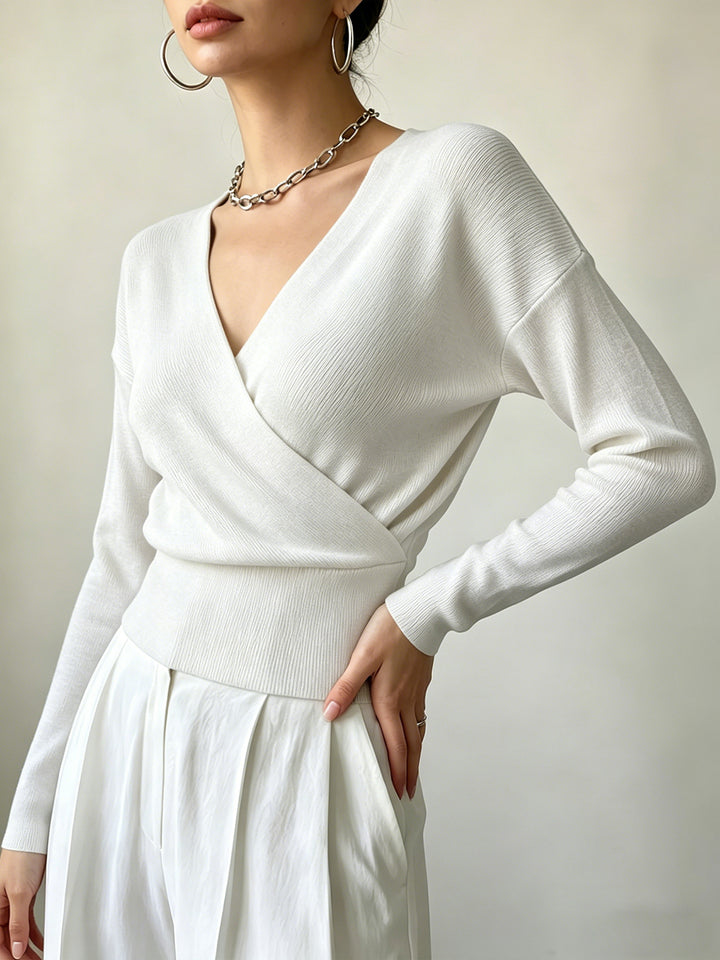 Cross-Border European and American Popular Women's Knitwear, Long-Sleeved, Solid Color, Fashionable Cross-Neck Design, Waist-Cinching Design, Simple and Figure-Flattering