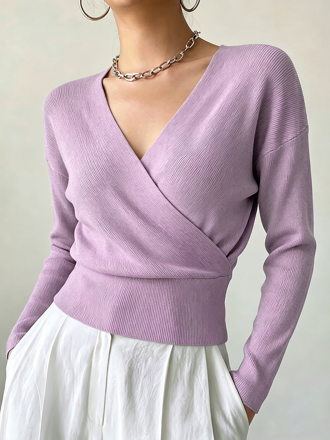 Cross-Border European and American Popular Women's Knitwear, Long-Sleeved, Solid Color, Fashionable Cross-Neck Design, Waist-Cinching Design, Simple and Figure-Flattering