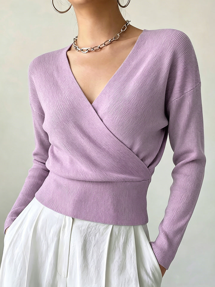 Cross-Border European and American Popular Women's Knitwear, Long-Sleeved, Solid Color, Fashionable Cross-Neck Design, Waist-Cinching Design, Simple and Figure-Flattering