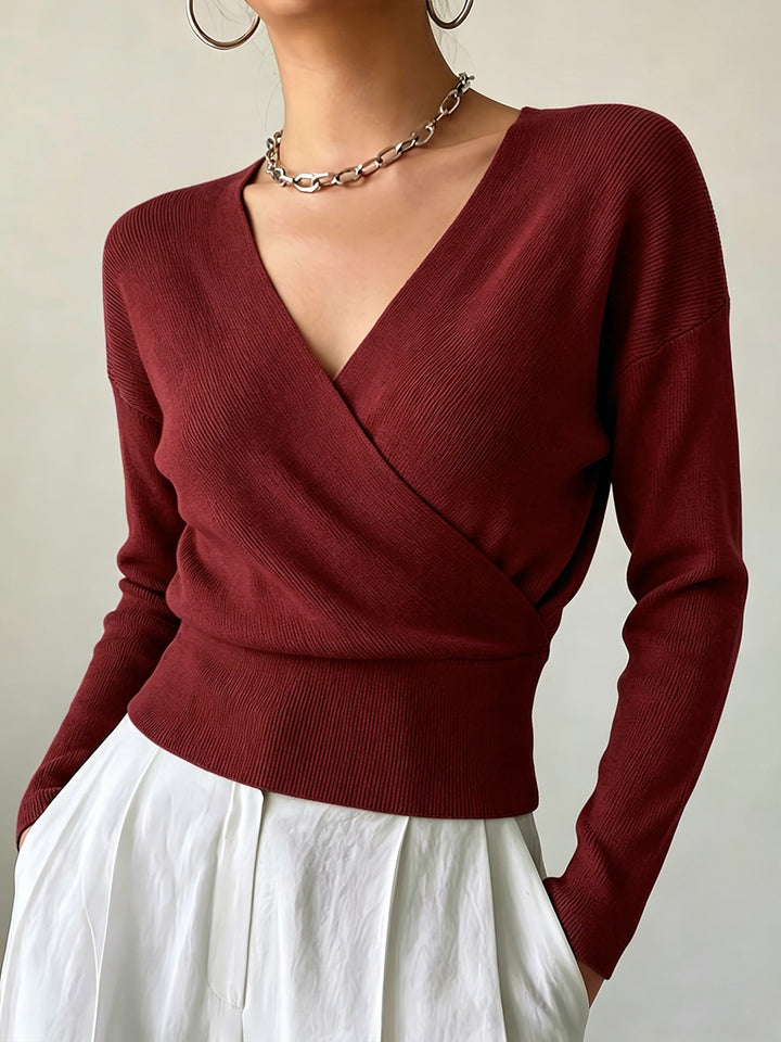 Cross-Border European and American Popular Women's Knitwear, Long-Sleeved, Solid Color, Fashionable Cross-Neck Design, Waist-Cinching Design, Simple and Figure-Flattering