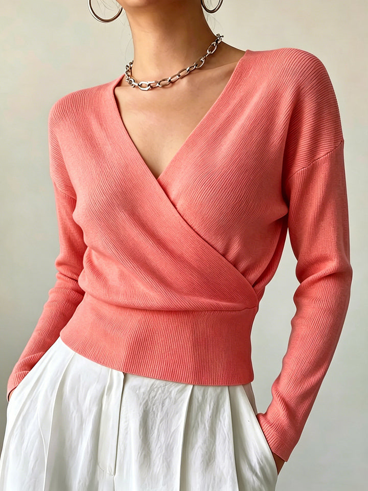 Cross-Border European and American Popular Women's Knitwear, Long-Sleeved, Solid Color, Fashionable Cross-Neck Design, Waist-Cinching Design, Simple and Figure-Flattering