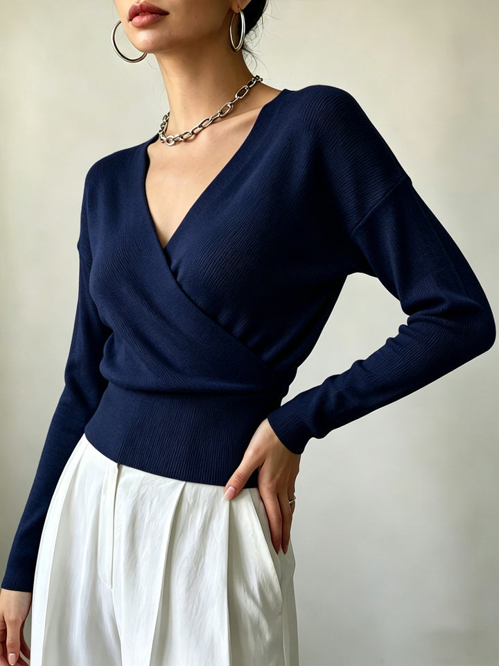 Cross-Border European and American Popular Women's Knitwear, Long-Sleeved, Solid Color, Fashionable Cross-Neck Design, Waist-Cinching Design, Simple and Figure-Flattering