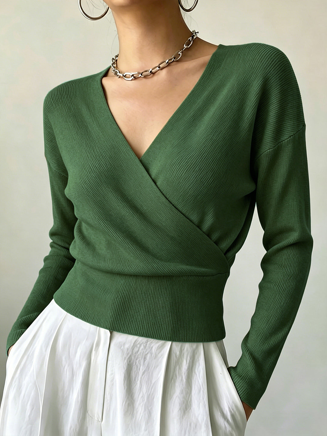 Cross-Border European and American Popular Women's Knitwear, Long-Sleeved, Solid Color, Fashionable Cross-Neck Design, Waist-Cinching Design, Simple and Figure-Flattering