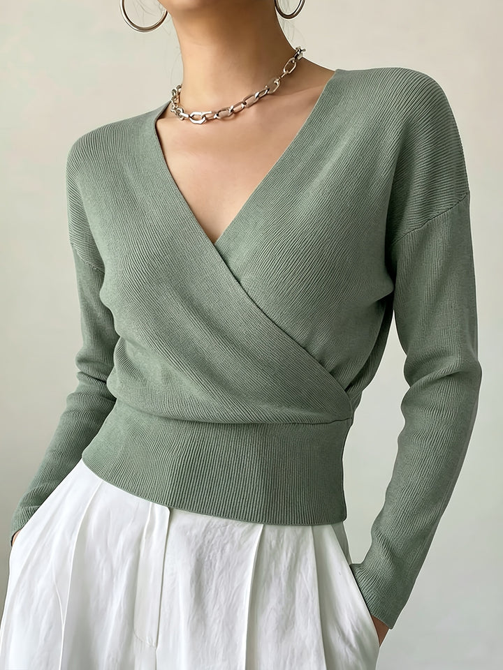 Cross-Border European and American Popular Women's Knitwear, Long-Sleeved, Solid Color, Fashionable Cross-Neck Design, Waist-Cinching Design, Simple and Figure-Flattering