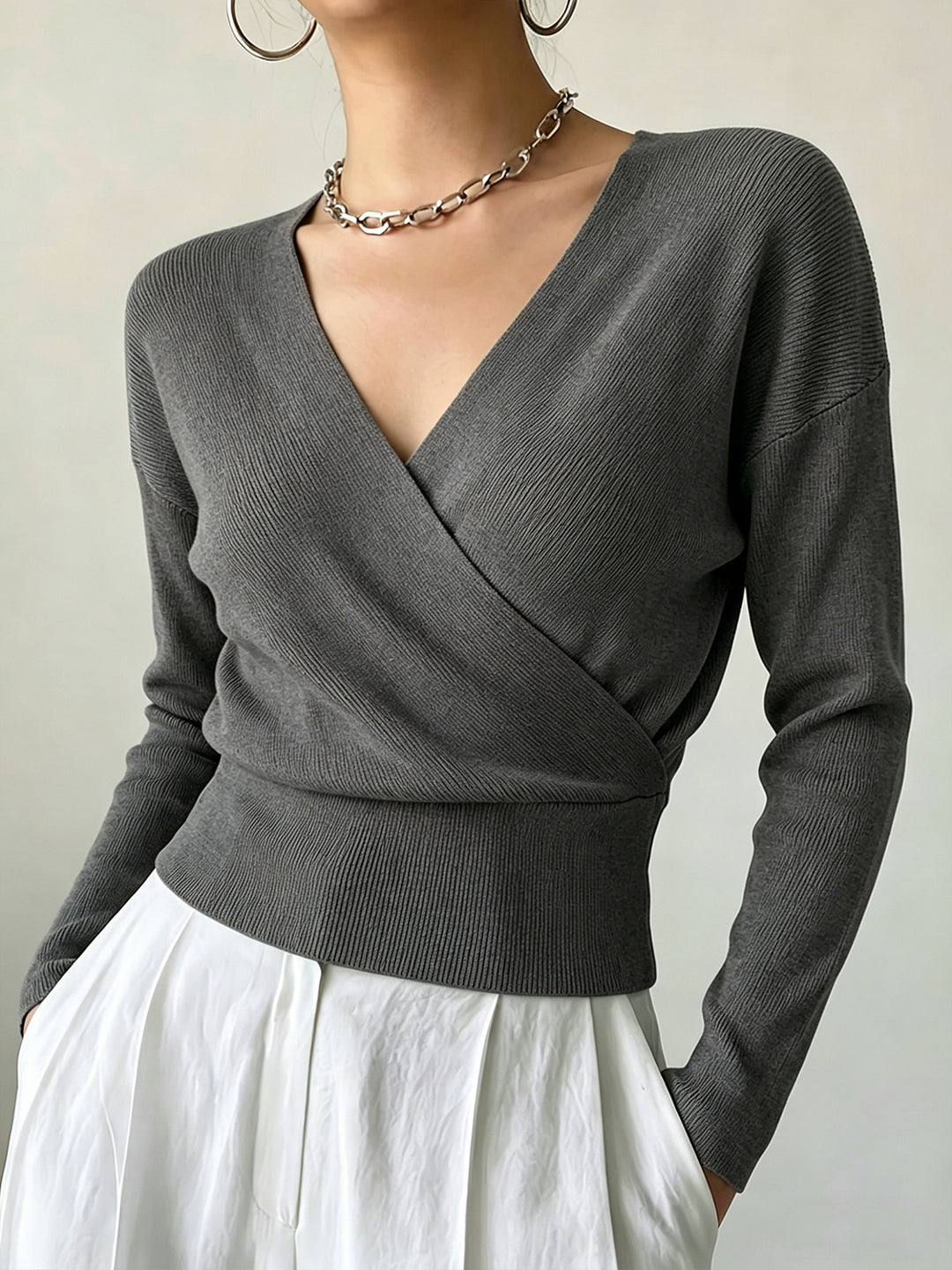 Cross-Border European and American Popular Women's Knitwear, Long-Sleeved, Solid Color, Fashionable Cross-Neck Design, Waist-Cinching Design, Simple and Figure-Flattering