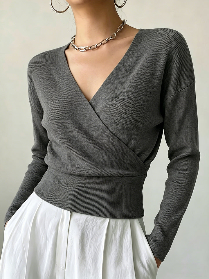 Cross-Border European and American Popular Women's Knitwear, Long-Sleeved, Solid Color, Fashionable Cross-Neck Design, Waist-Cinching Design, Simple and Figure-Flattering