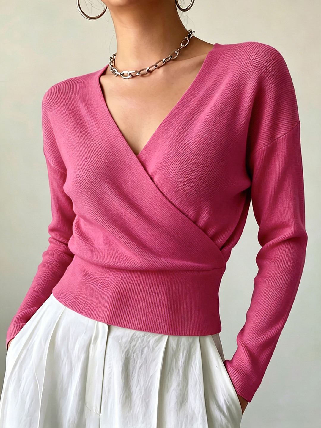 Cross-Border European and American Popular Women's Knitwear, Long-Sleeved, Solid Color, Fashionable Cross-Neck Design, Waist-Cinching Design, Simple and Figure-Flattering