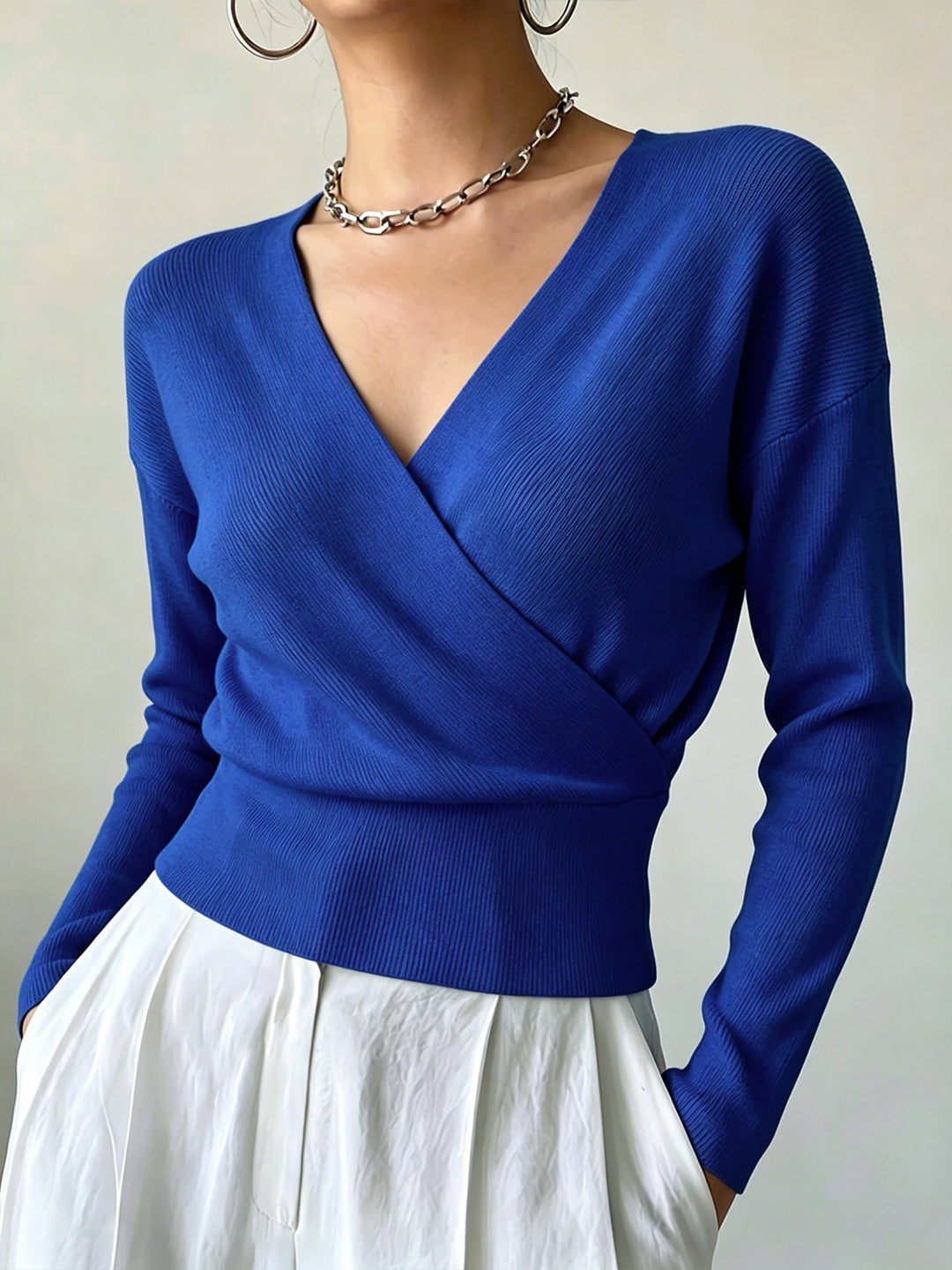 Cross-Border European and American Popular Women's Knitwear, Long-Sleeved, Solid Color, Fashionable Cross-Neck Design, Waist-Cinching Design, Simple and Figure-Flattering