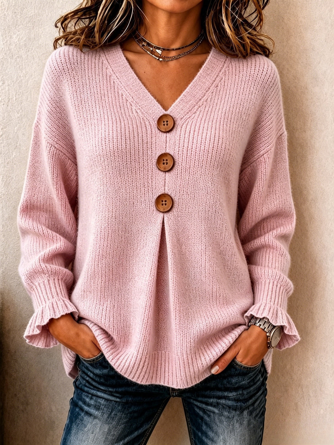 2026 European and American cross-border V-neck buttoned knitted sweater for women, new autumn and winter style, loose-fitting solid color ruffle long-sleeve top