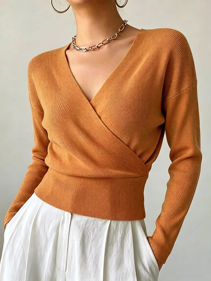 Cross-Border European and American Popular Women's Knitwear, Long-Sleeved, Solid Color, Fashionable Cross-Neck Design, Waist-Cinching Design, Simple and Figure-Flattering