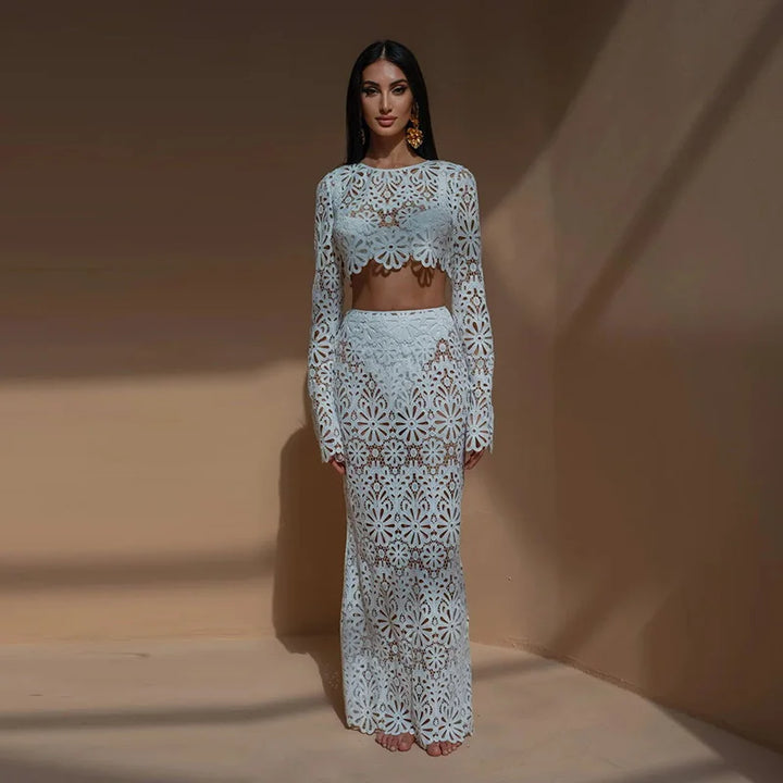DELACROIX | ENSEMBLE EN CROCHET FLEURI AVEC JUPE LONGUE