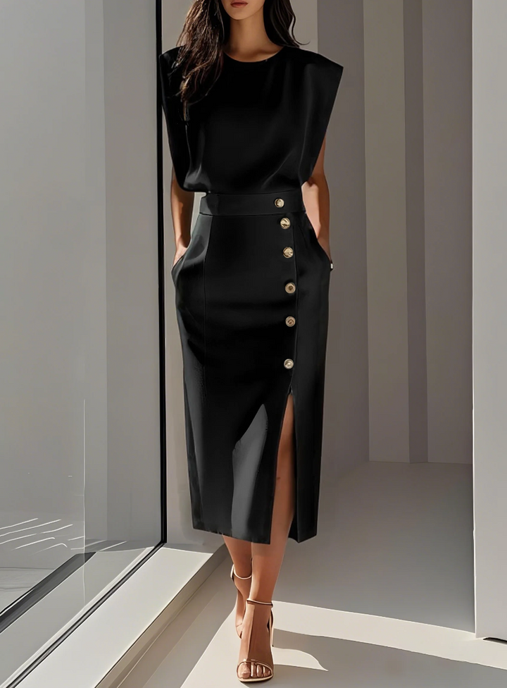 DELACROIX | ROBE MIDI AJUSTÉE AVEC BOUTONS DORÉS