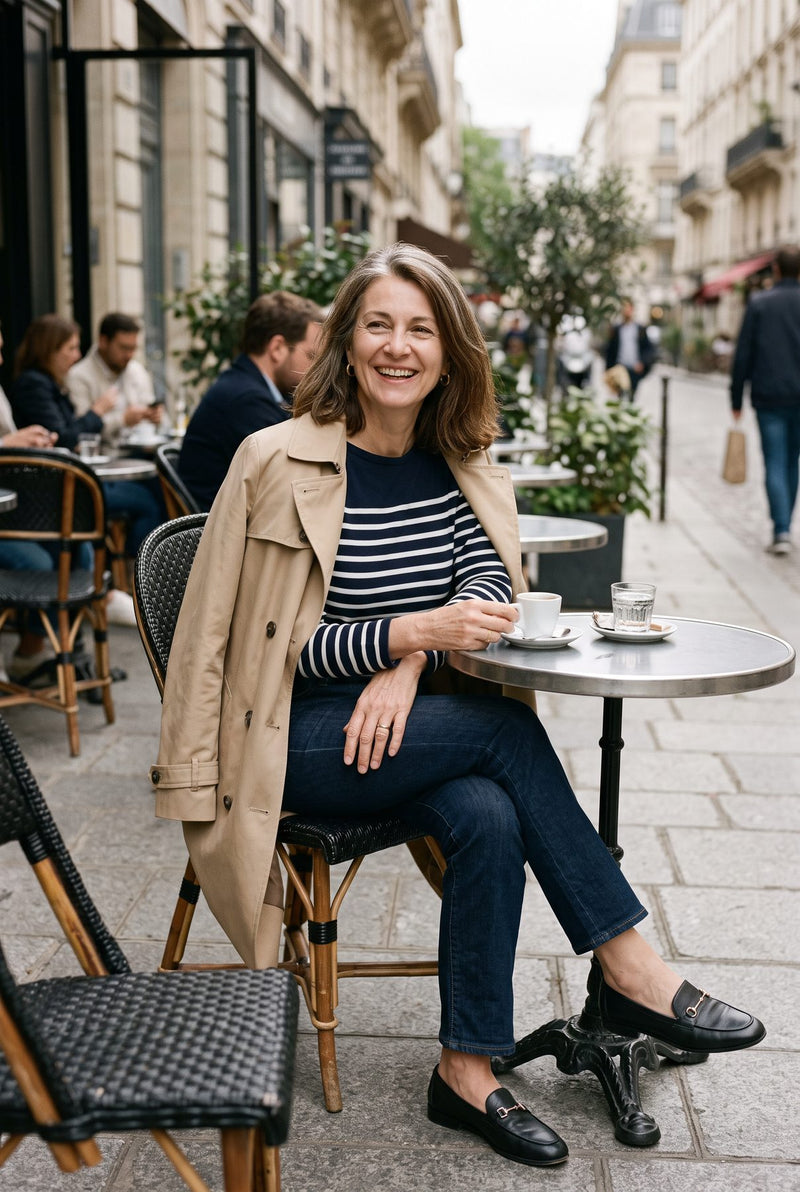 Femme souriante à une terrasse de café en marinière et trench