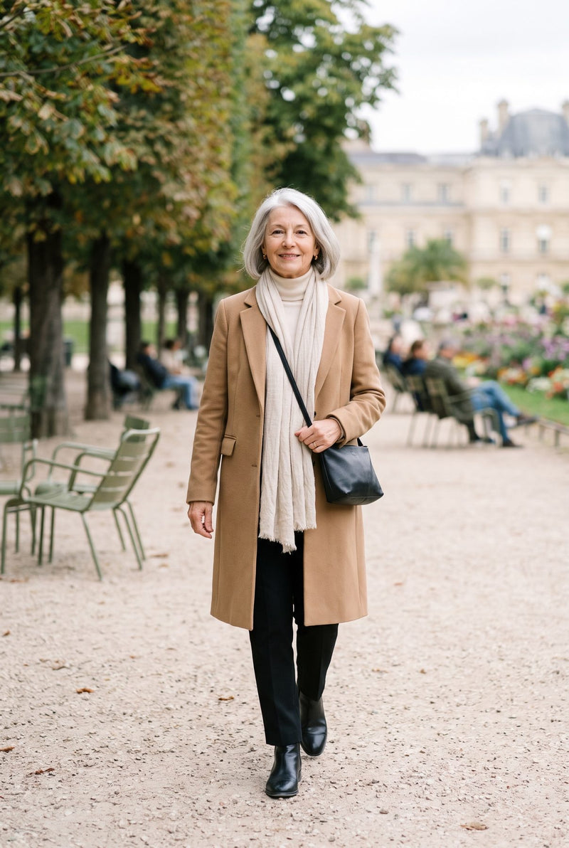 Femme en manteau camel au jardin du Luxembourg