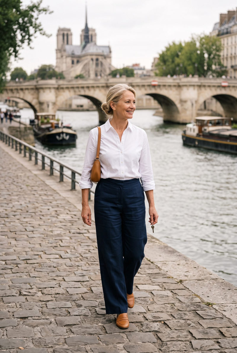 Femme en chemise blanche et pantalon marine sur les quais de Seine