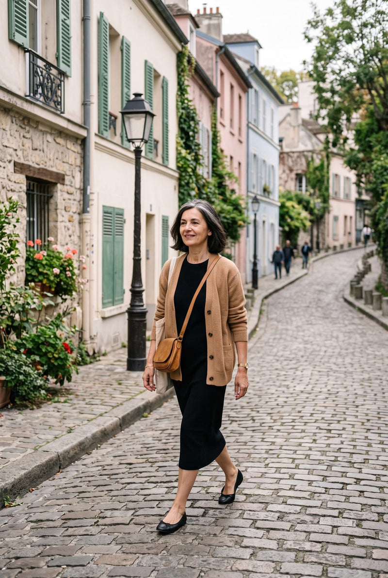 Femme en robe noire et cardigan camel dans une rue de Montmartre