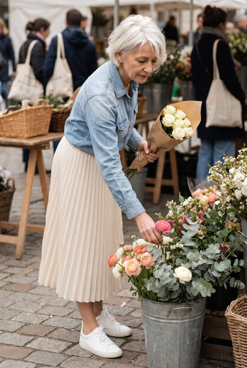 Femme en chemise en jean et jupe crème au marché aux fleurs