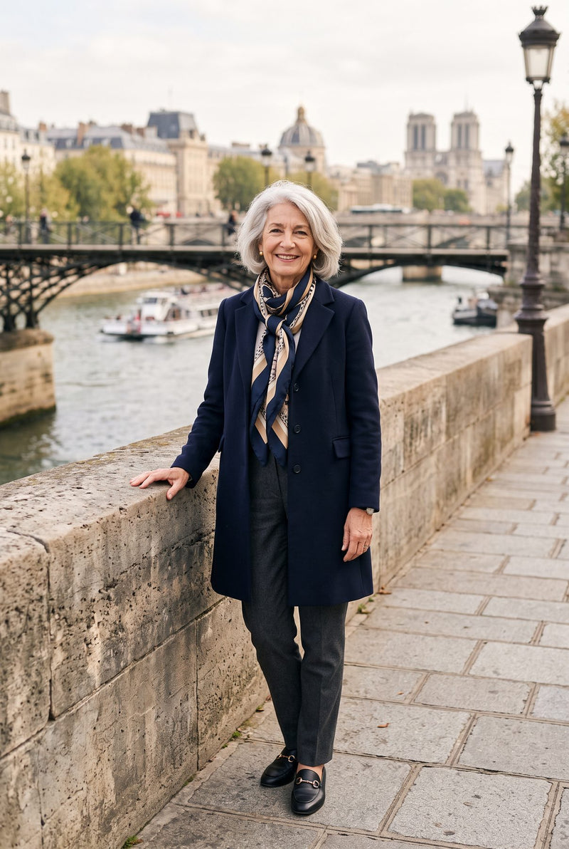 Femme en manteau marine et foulard sur un pont de Paris