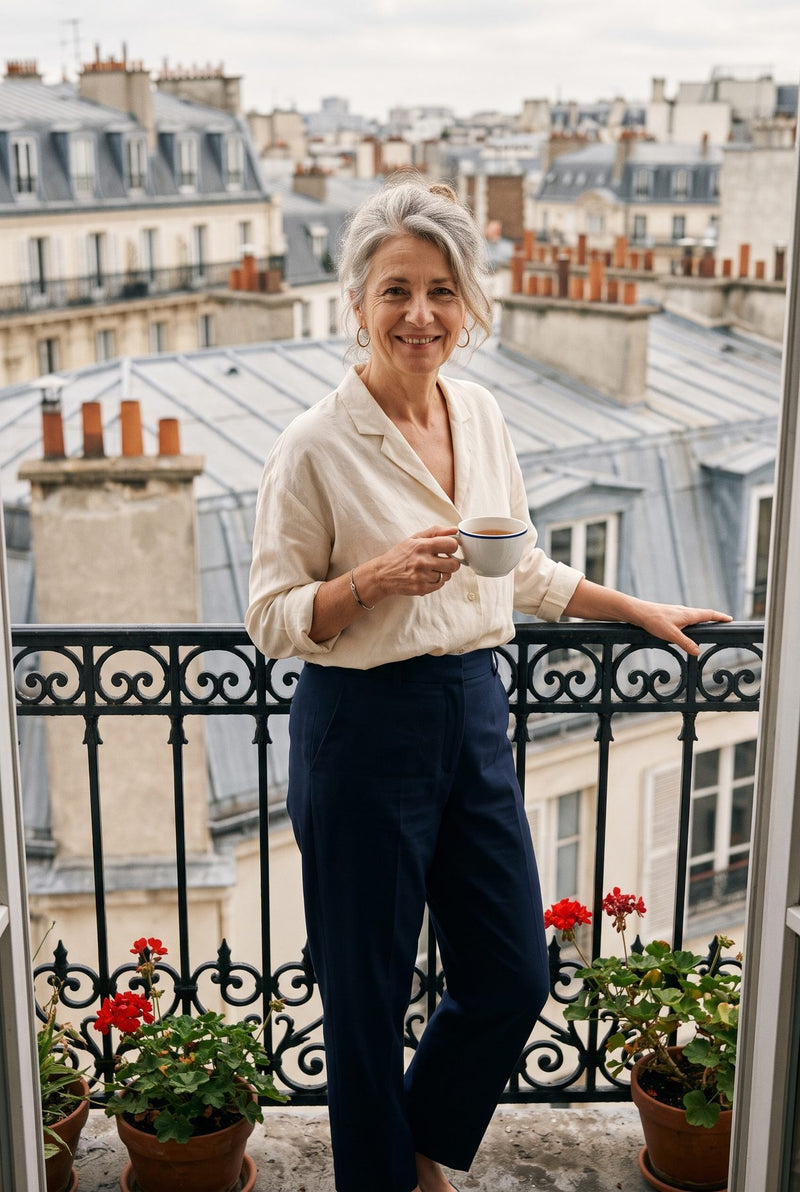 Femme en blouse blanche sur un balcon parisien