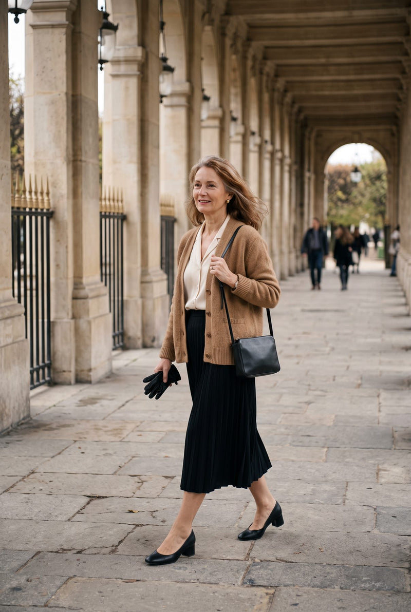 Femme en cardigan camel et jupe noire sous les arcades du Palais-Royal