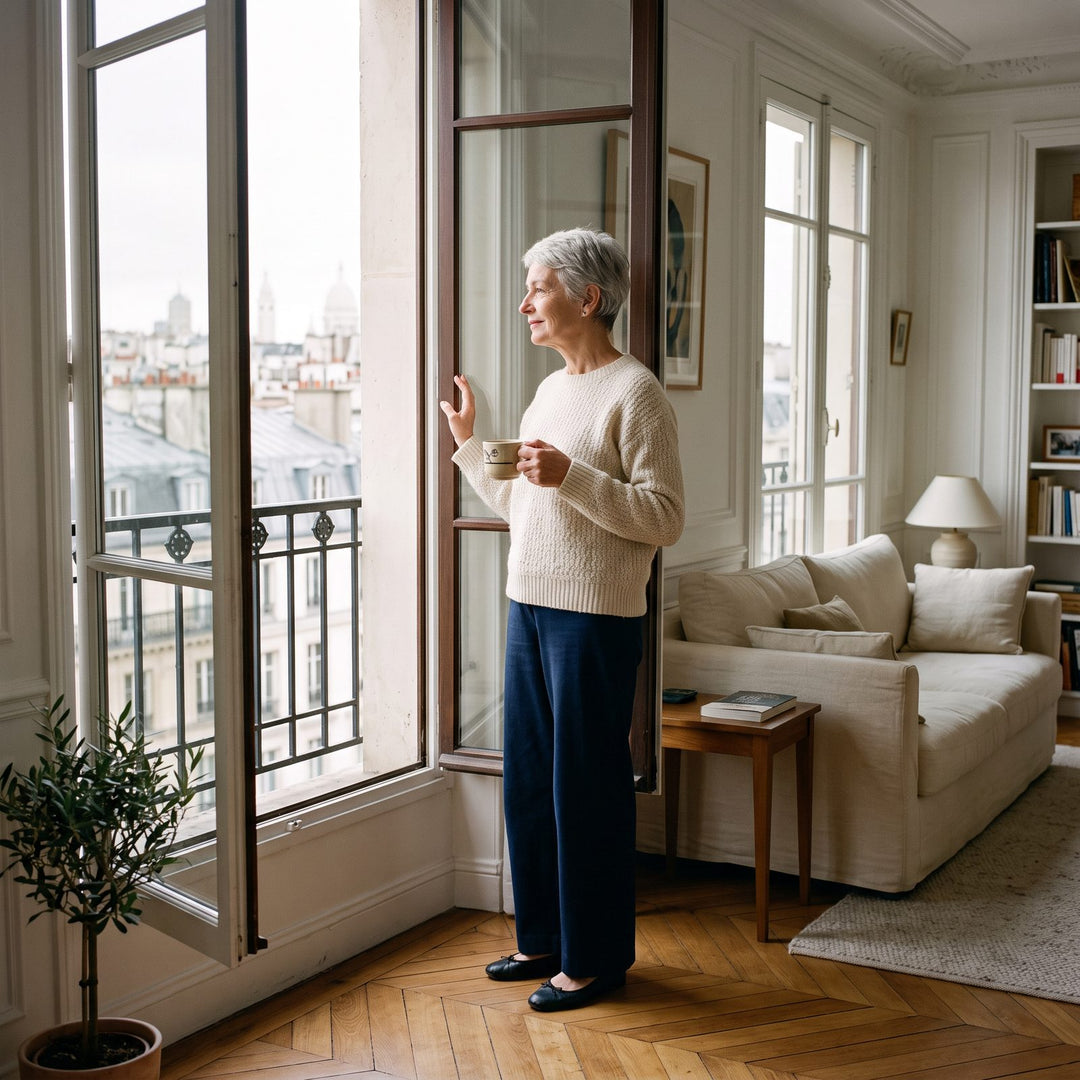 Femme en pull crème près d'une fenêtre dans un appartement parisien