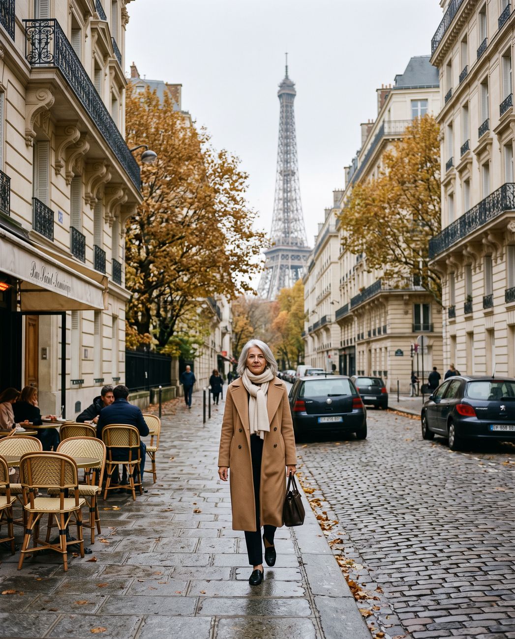 Femme en manteau camel dans une rue de Paris en automne, avec la tour Eiffel au loin
