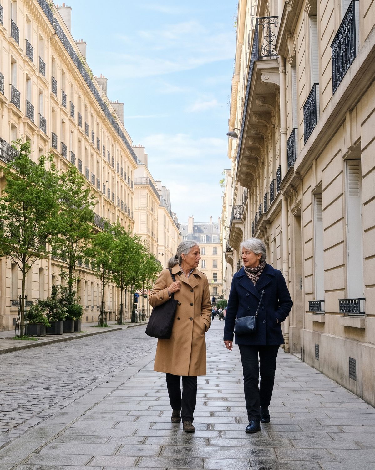 Deux femmes marchant dans une rue de Paris le matin