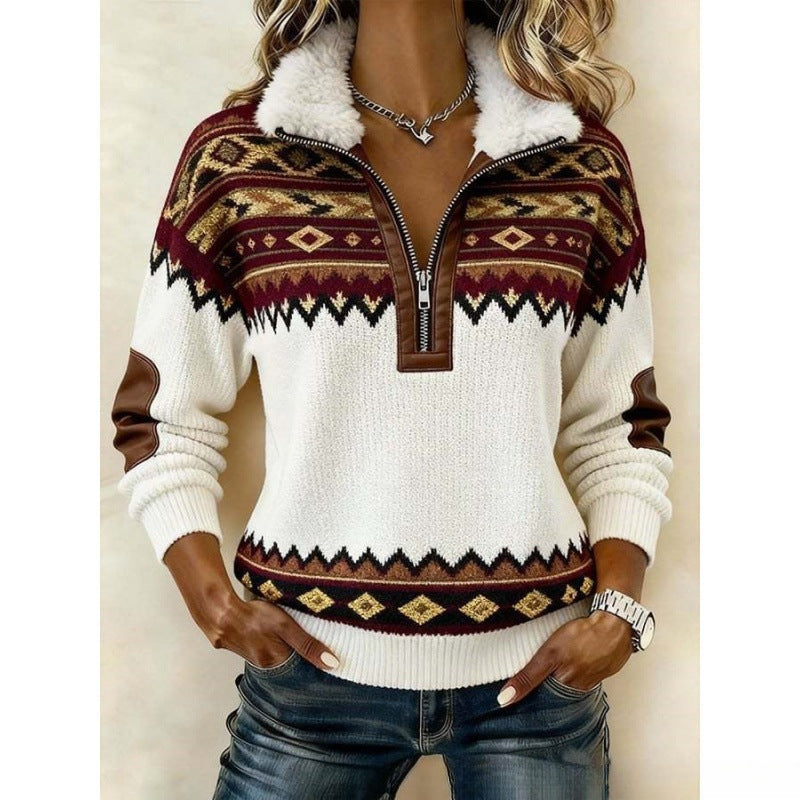DELACROIX | Pull Demi-Zip Aztèque Écru pour Femme Marie