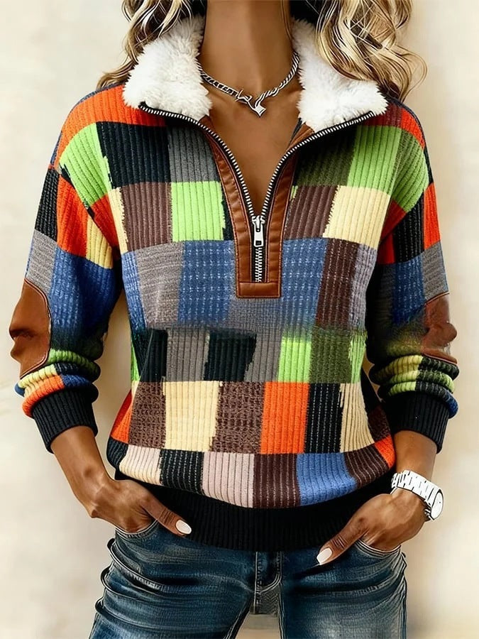 DELACROIX | Pull Demi-Zip Carreaux Colorés pour Femme Christine