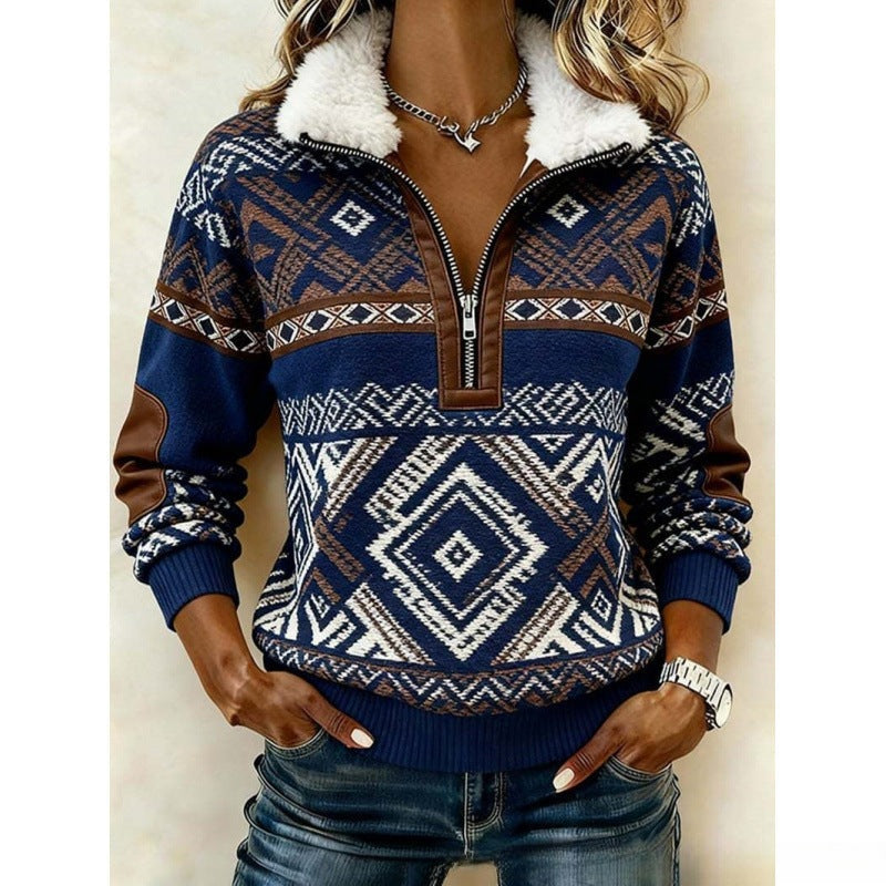 DELACROIX | Pull Demi-Zip Losanges Marine pour Femme Sophie